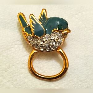 Small Enamel Blue Green Bird Pave Rhinestones Gold Plated Glasses  Holder